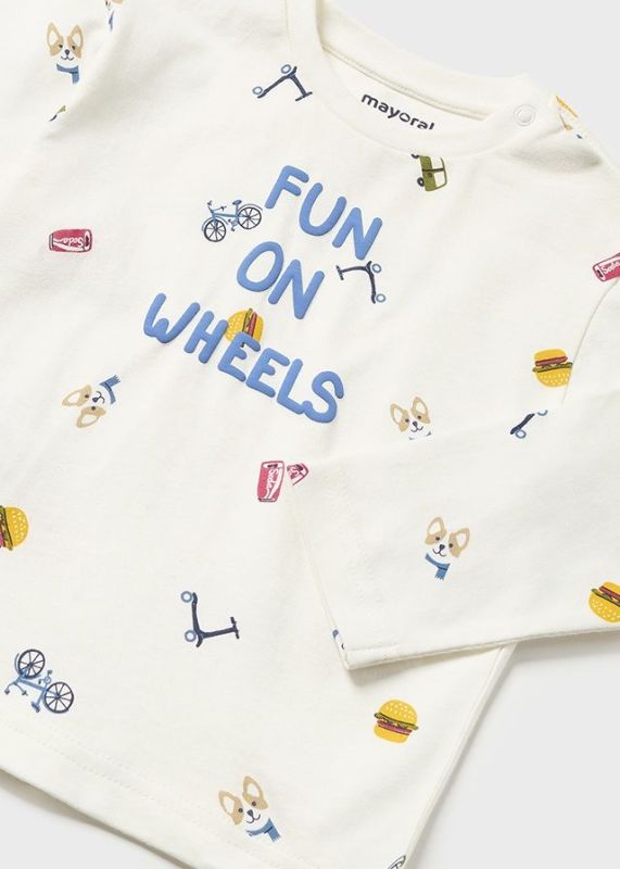 Mayoral T-shirt l/s Ecru baby jongens (L/s shirt fun on wheels - 2021-010) - Victor & Camille Destelbergen