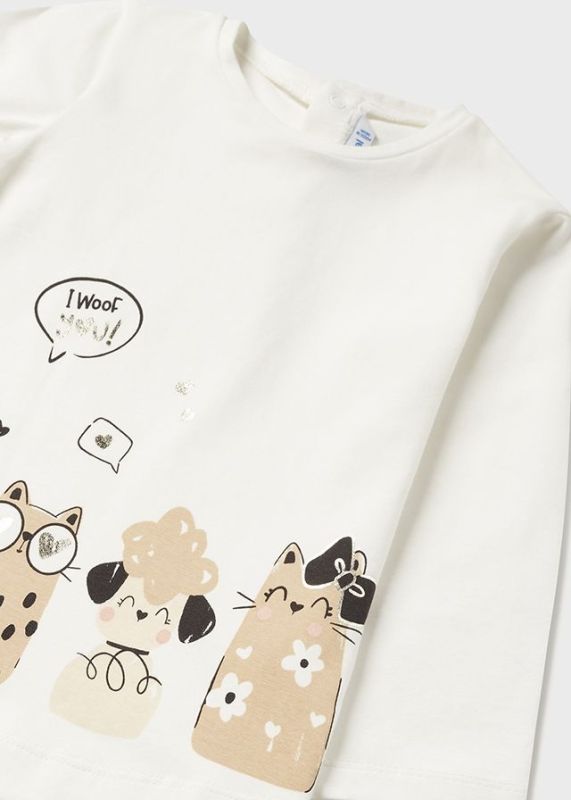 Mayoral T-shirt l/s Ecru baby meisjes (L/s shirt natural met poesjes - 2012-014) - Victor & Camille Destelbergen